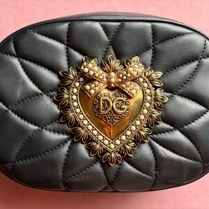 Dolce & Gabbana Black Quilted Clutch with Gold and Pearl Heart